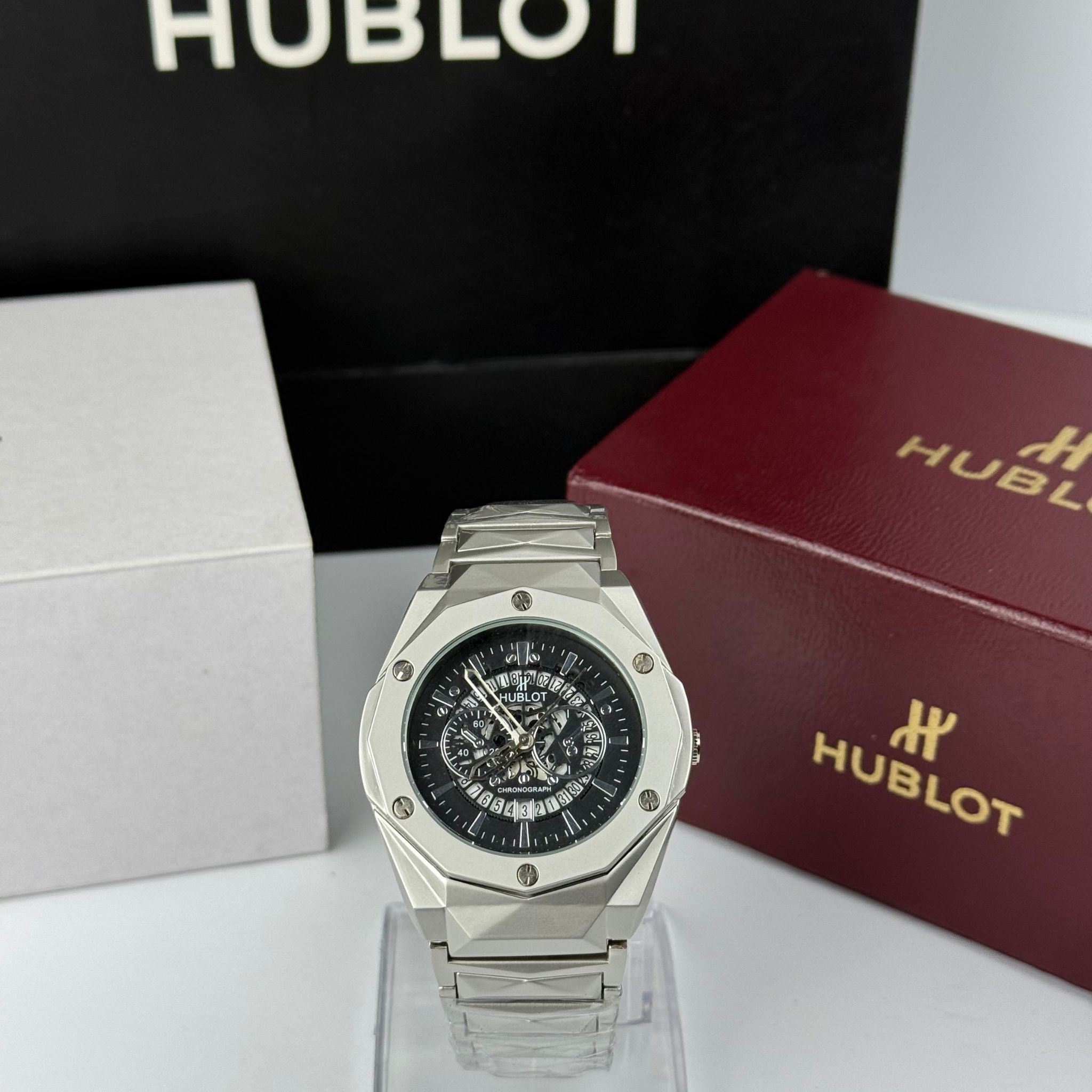 Men’s Geometric Stainless Steel Chronograph Watch with Skeleton Dial