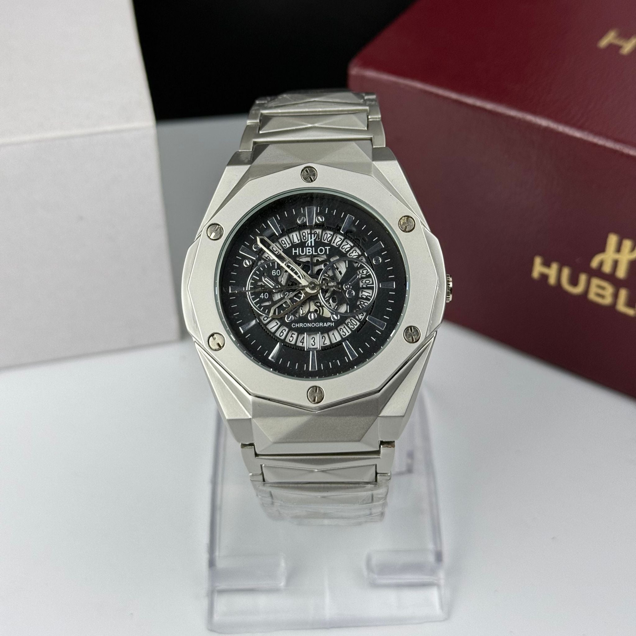 Men’s Geometric Stainless Steel Chronograph Watch with Skeleton Dial