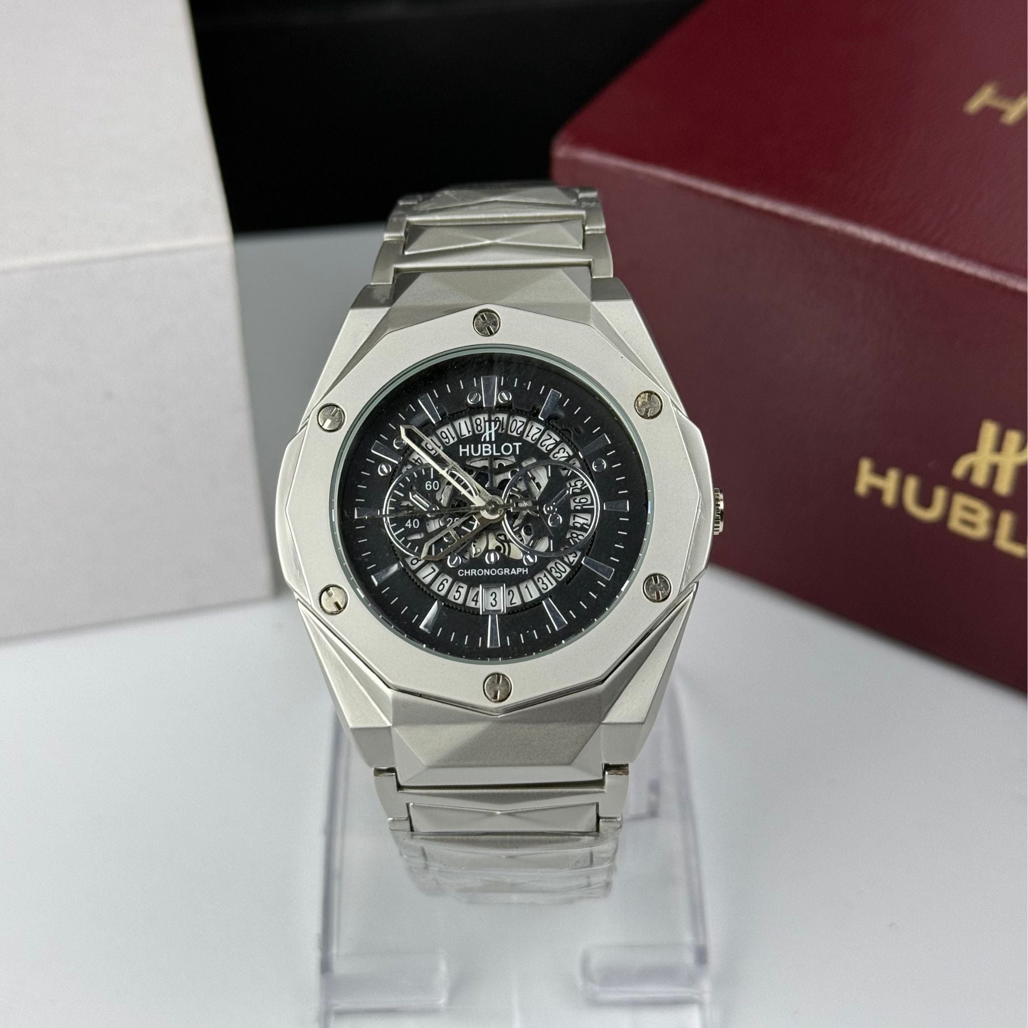 Men’s Geometric Stainless Steel Chronograph Watch with Skeleton Dial